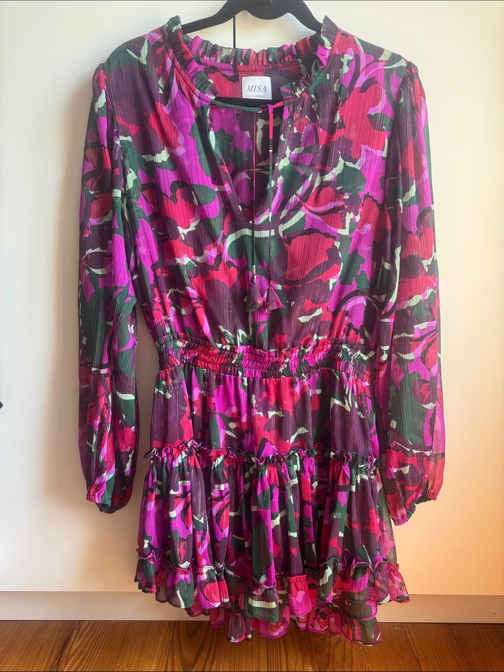 Misa Los Angeles Fuchsia & Green Floral Long Sleeve Mini Dress
